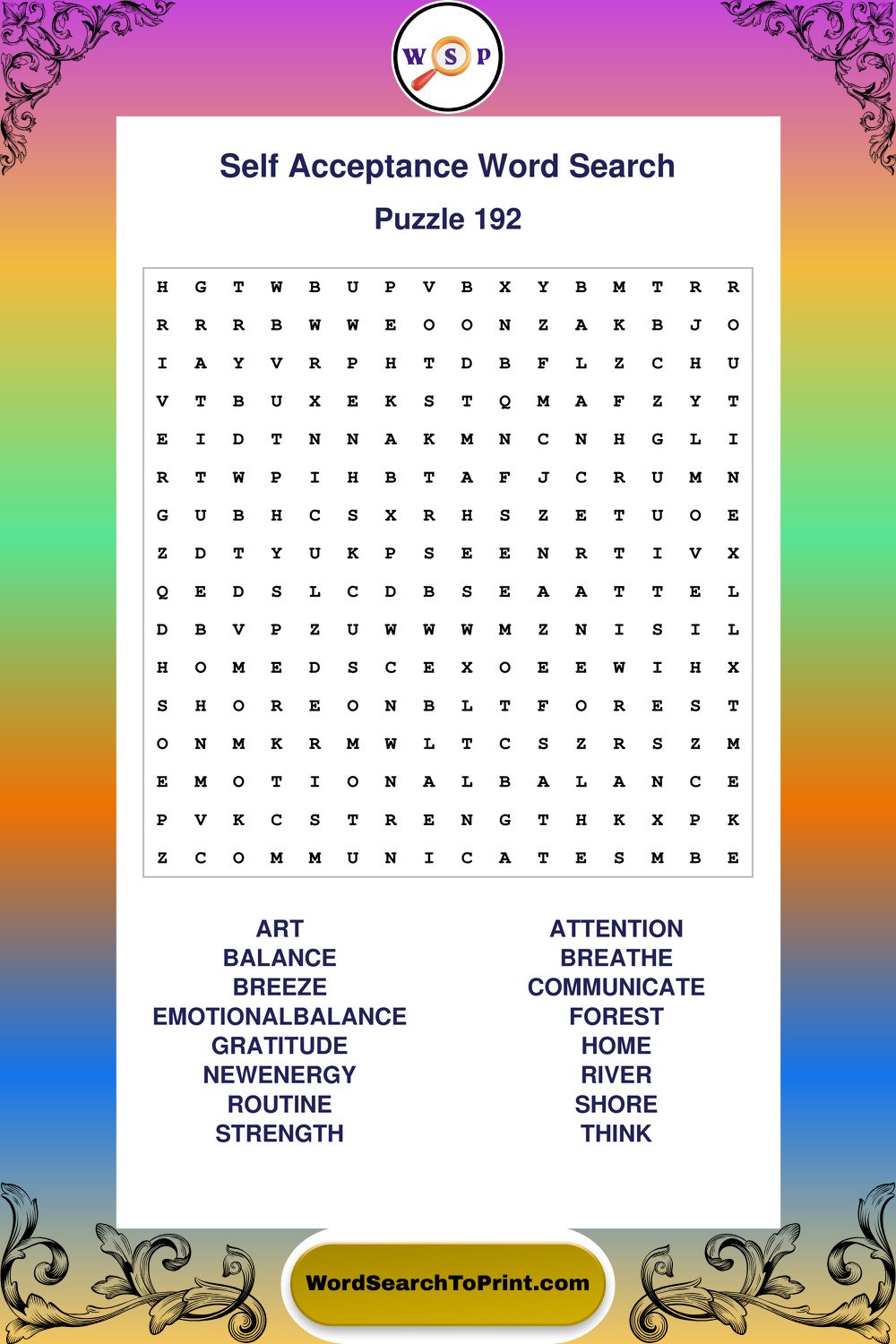 Self Acceptance Word Search Puzzle 192