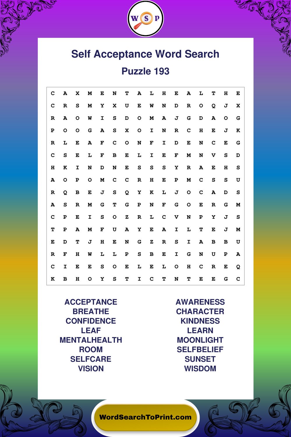 Self Acceptance Word Search Puzzle 193