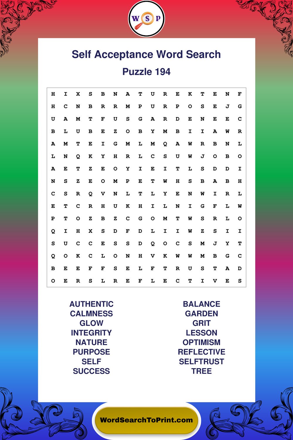 Self Acceptance Word Search Puzzle 194