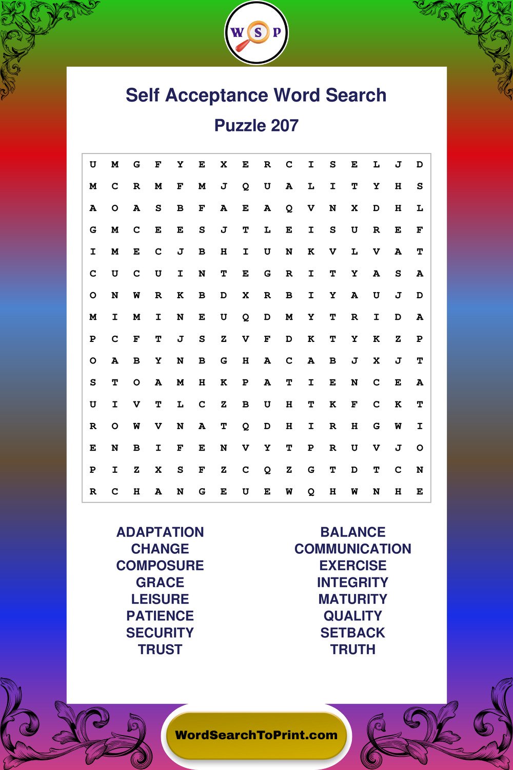 Self Acceptance Word Search Puzzle 207