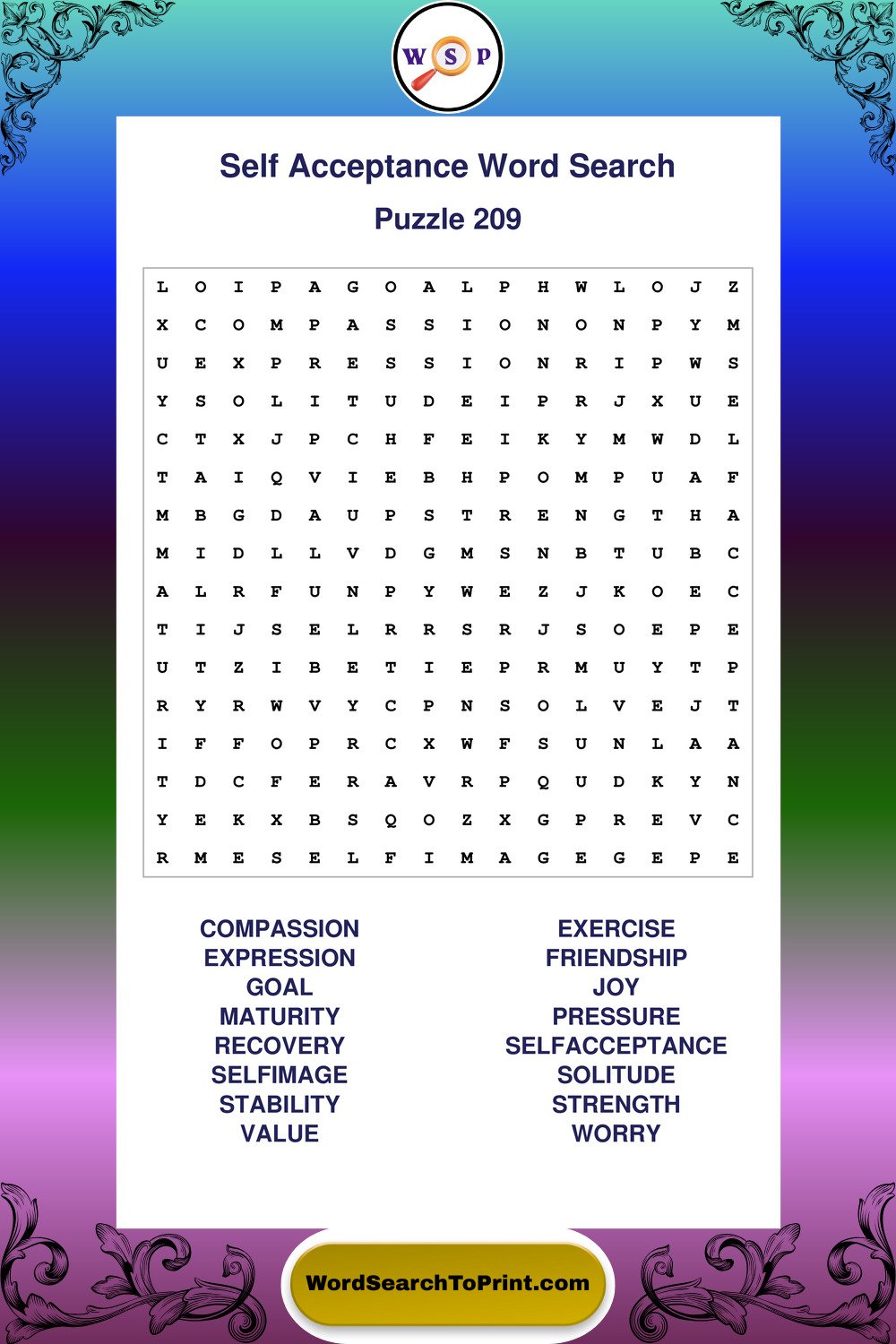 Self Acceptance Word Search Puzzle 209