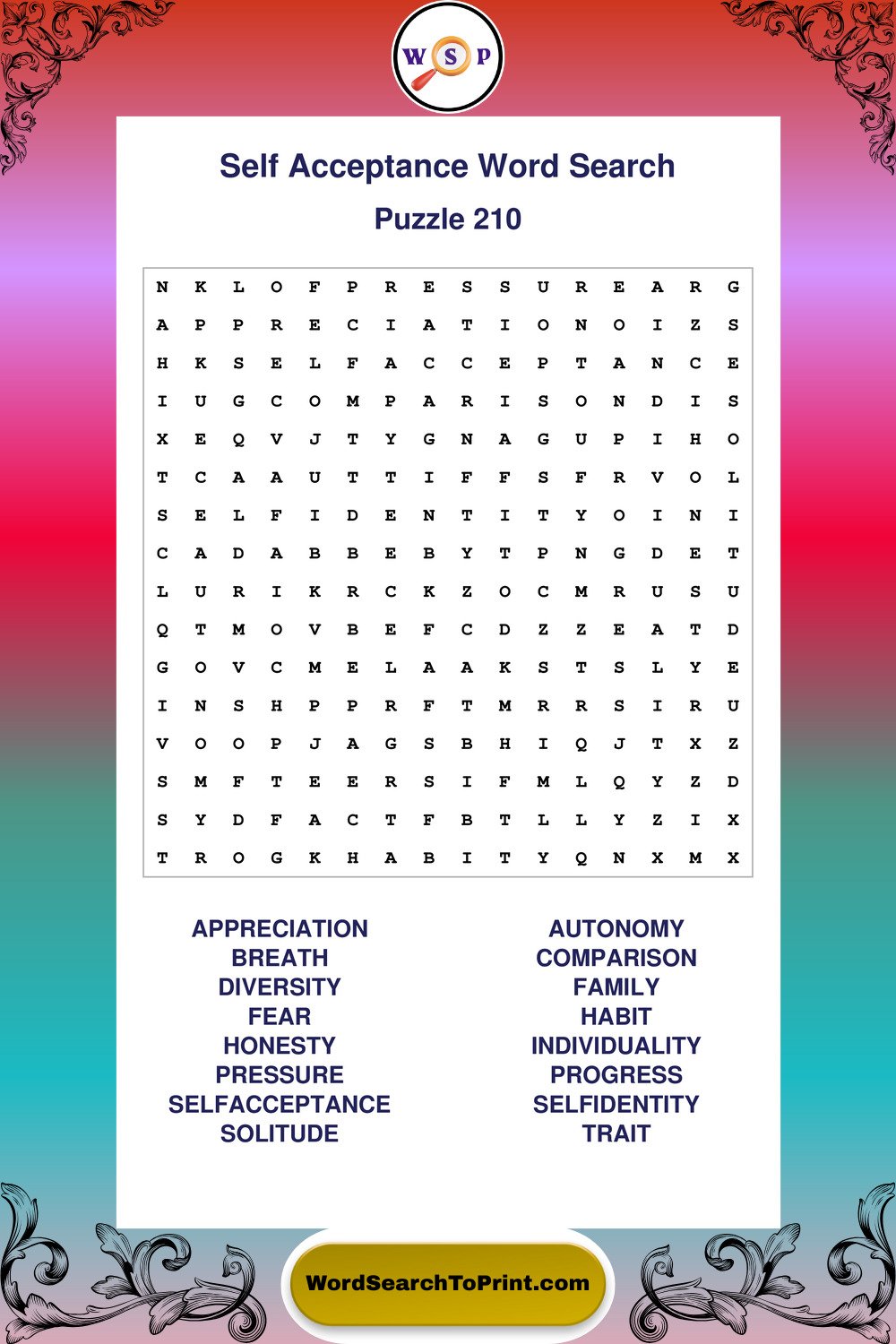 Self Acceptance Word Search Puzzle 210