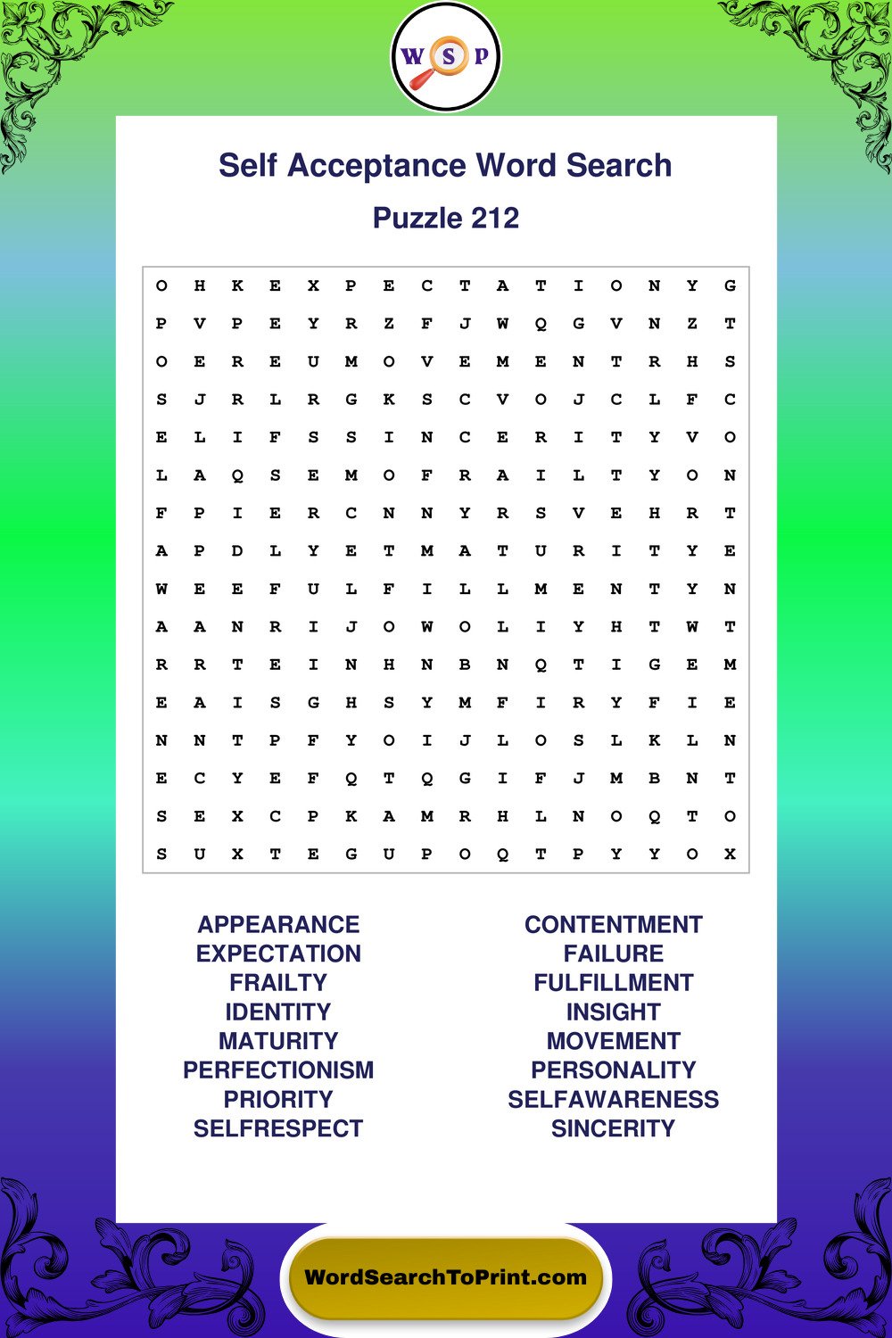 Self Acceptance Word Search Puzzle 212