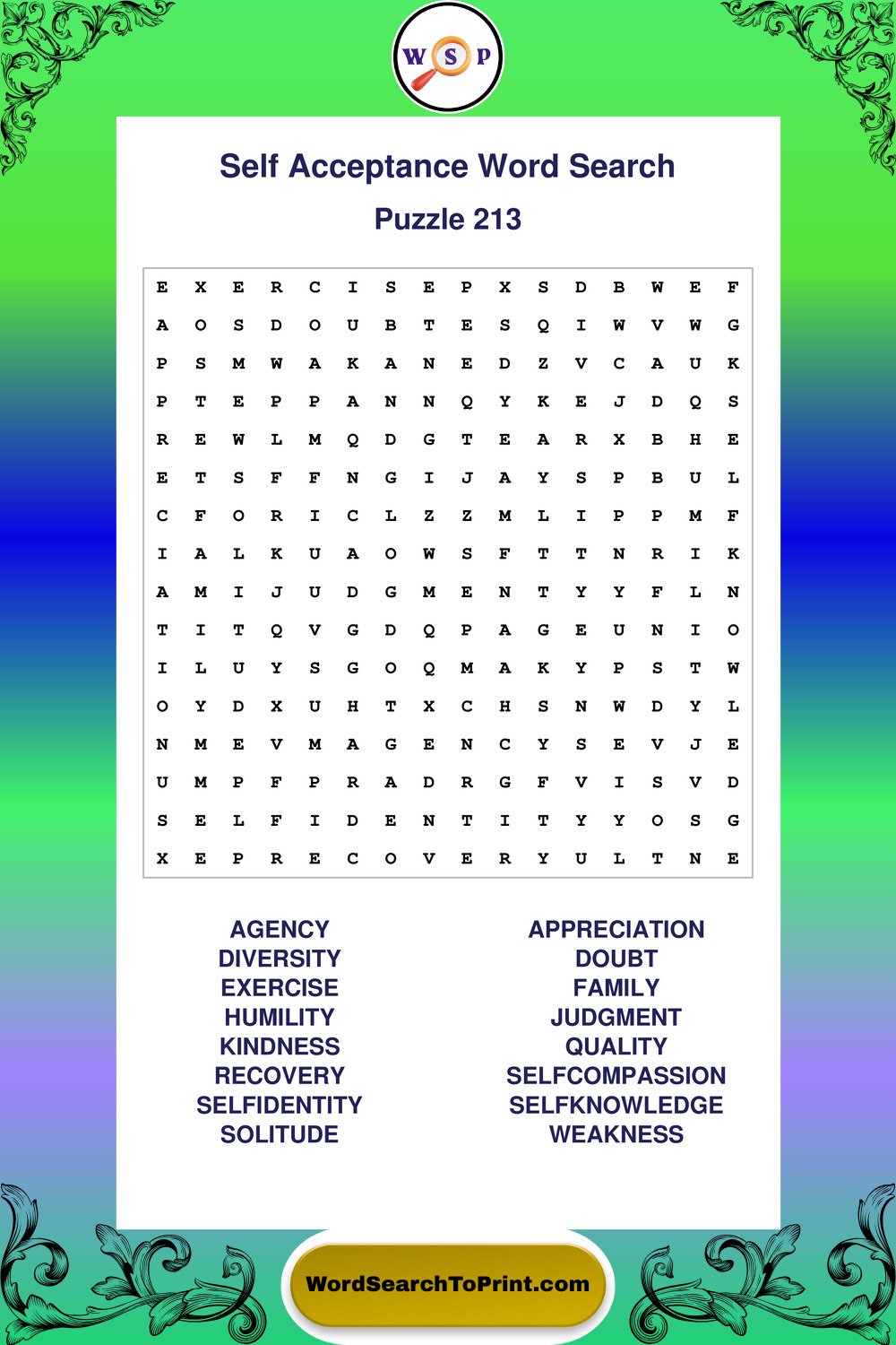 Self Acceptance Word Search Puzzle 213