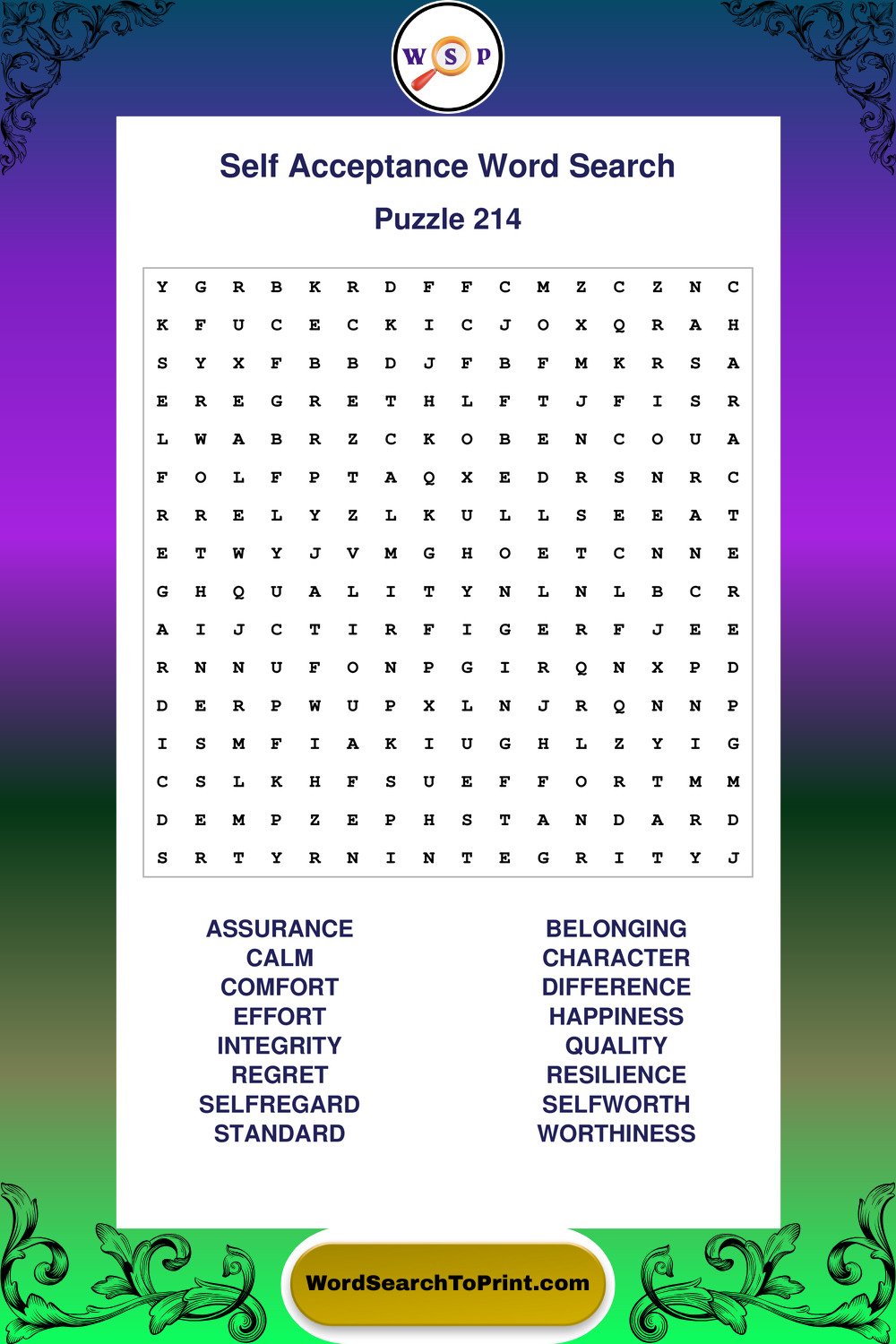 Self Acceptance Word Search Puzzle 214