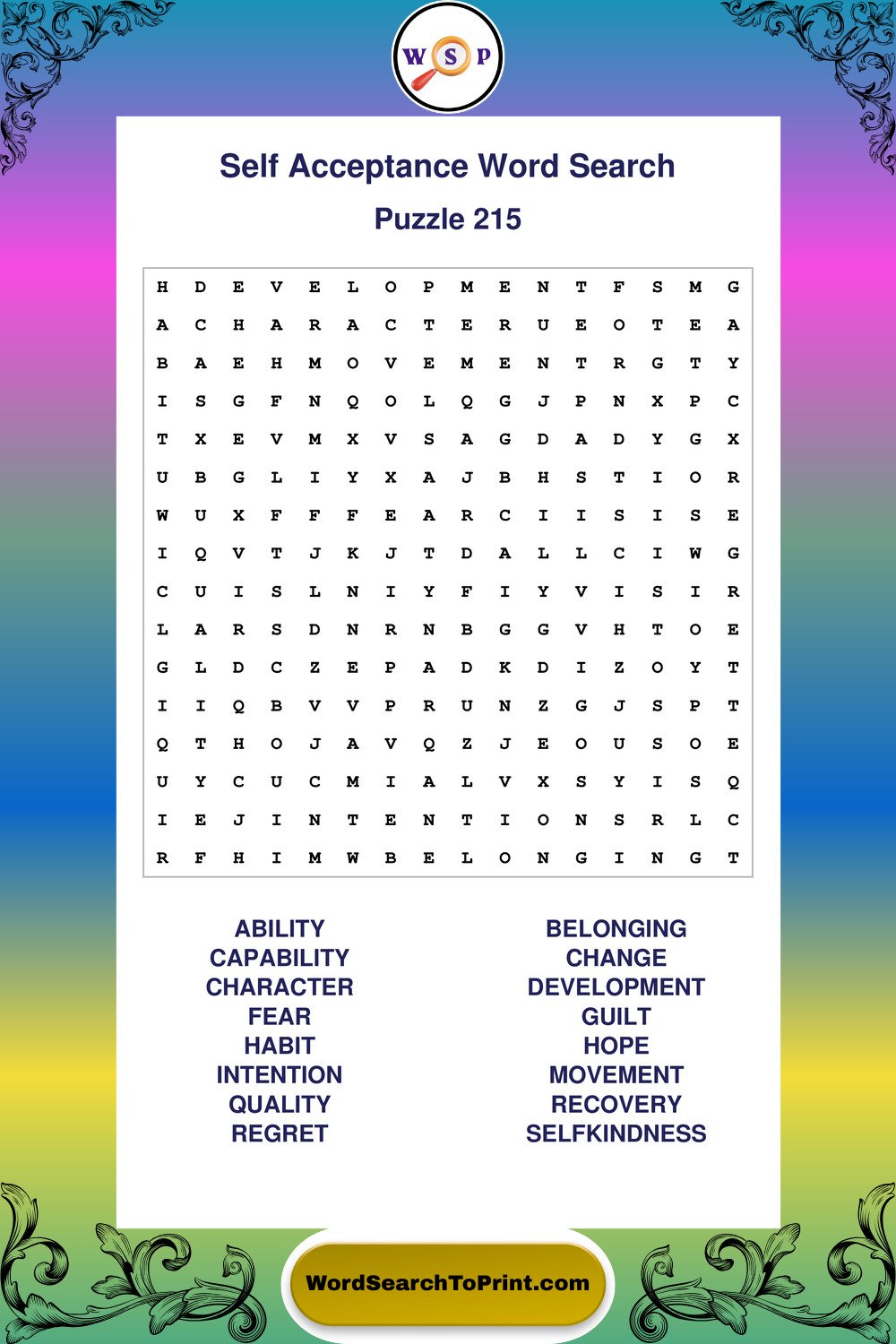 Self Acceptance Word Search Puzzle 215