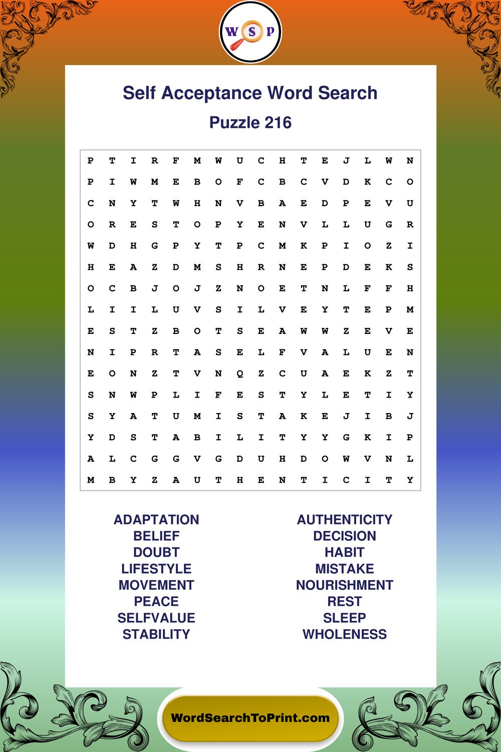 Self Acceptance Word Search Puzzle 216