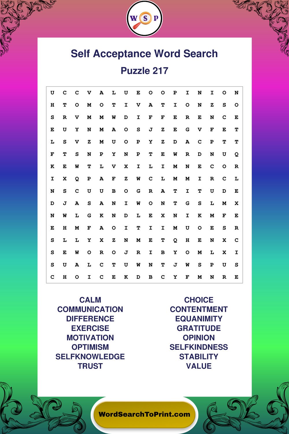 Self Acceptance Word Search Puzzle 217