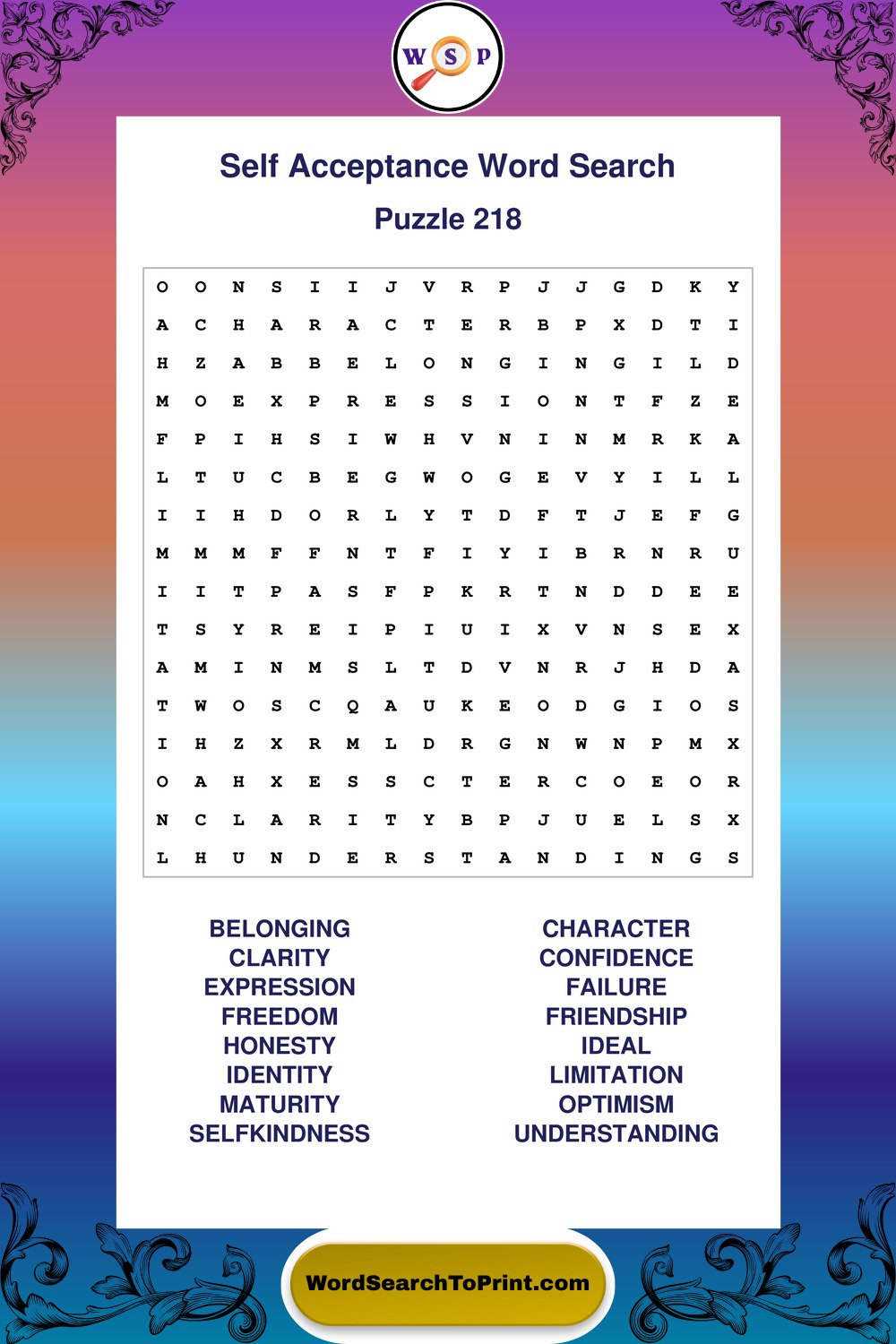 Self Acceptance Word Search Puzzle 218