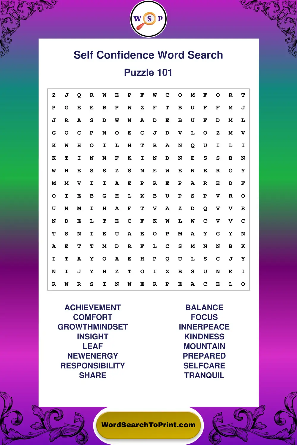Self Confidence Word Search Puzzle 101