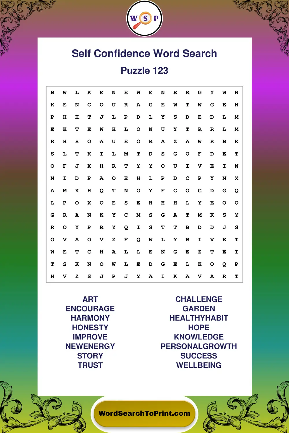 Self Confidence Word Search Puzzle 123