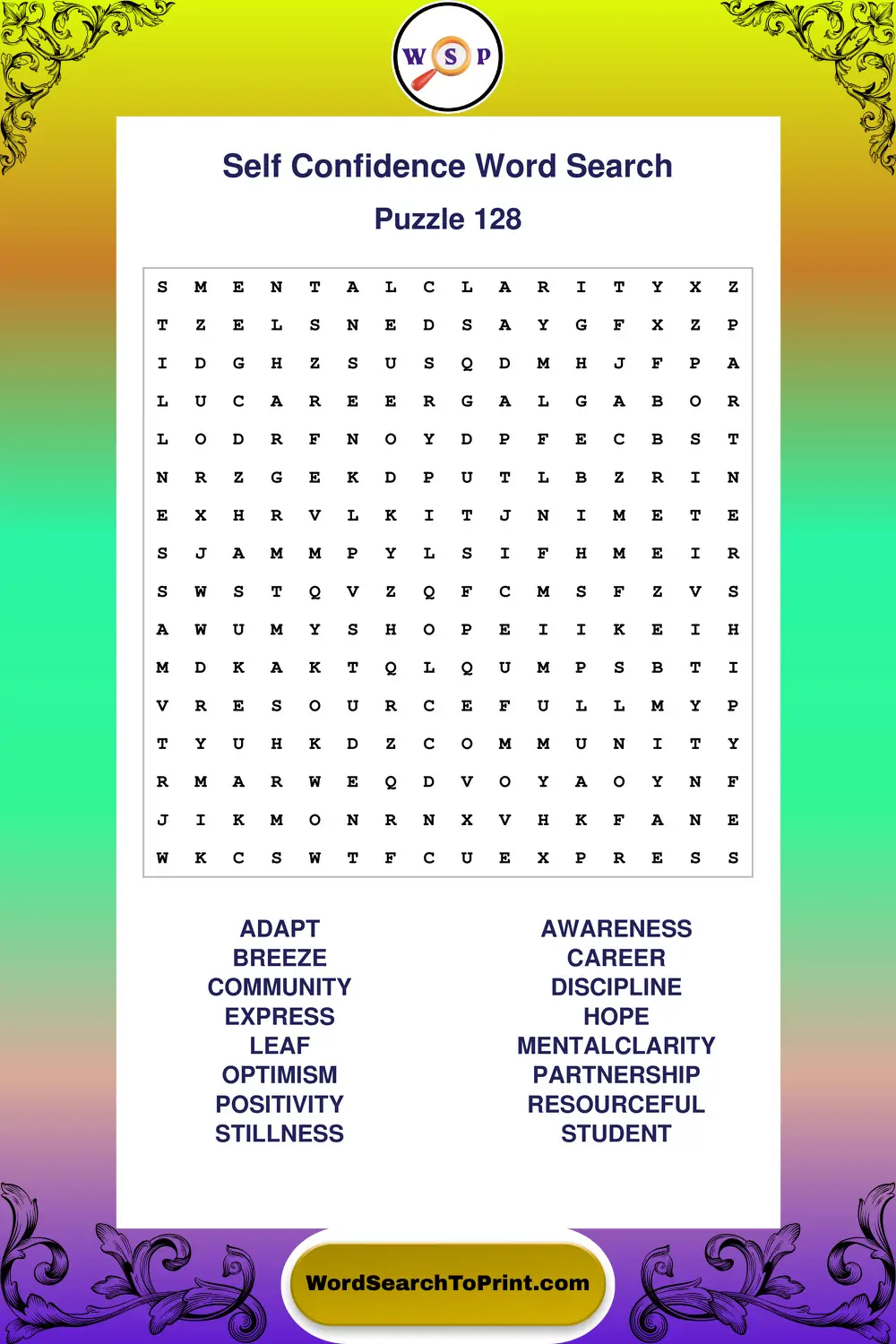 Self Confidence Word Search Puzzle 128