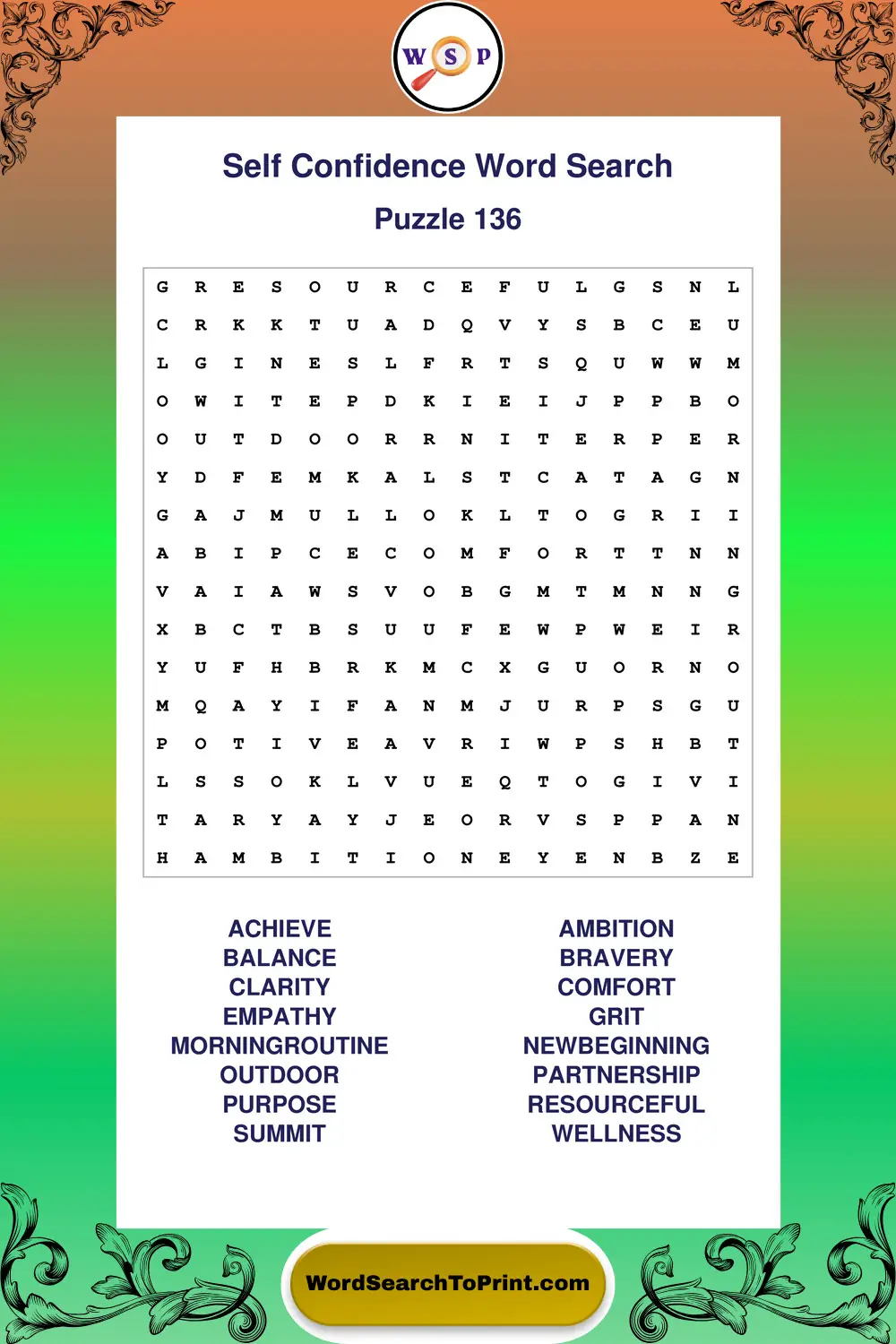 Self Confidence Word Search Puzzle 136