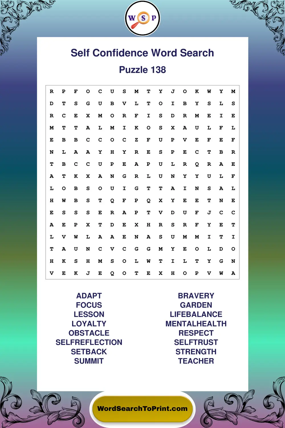 Self Confidence Word Search Puzzle 138
