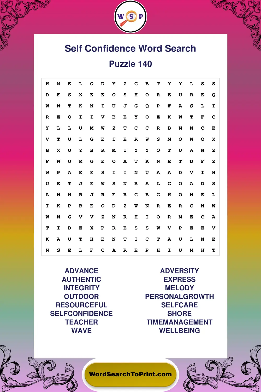 Self Confidence Word Search Puzzle 140