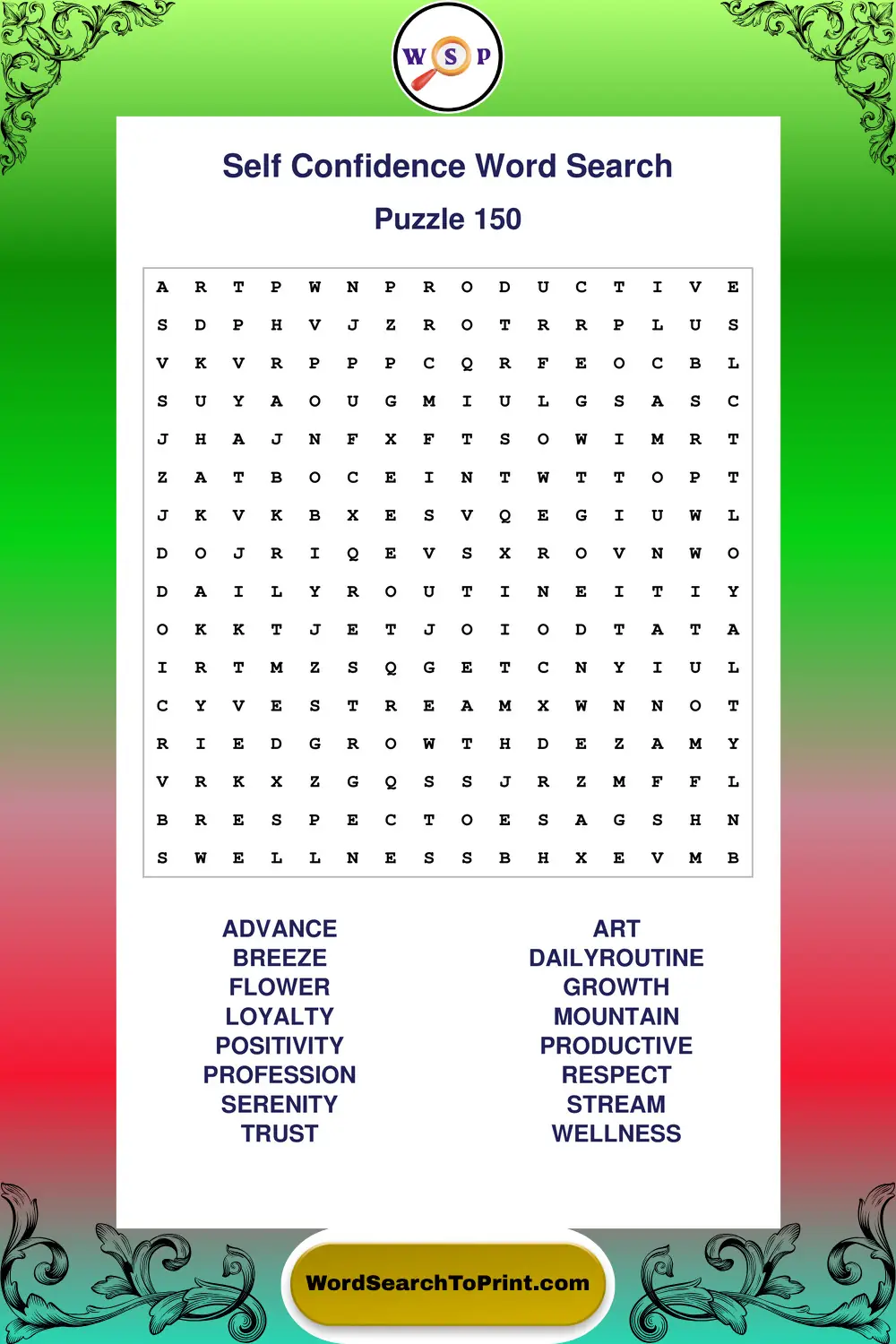 Self Confidence Word Search Puzzle 150