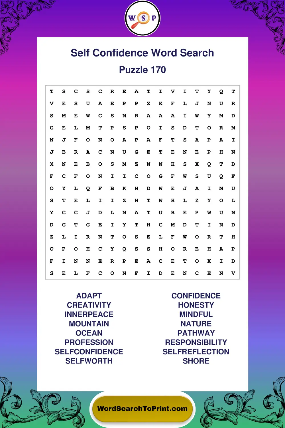 Self Confidence Word Search Puzzle 170