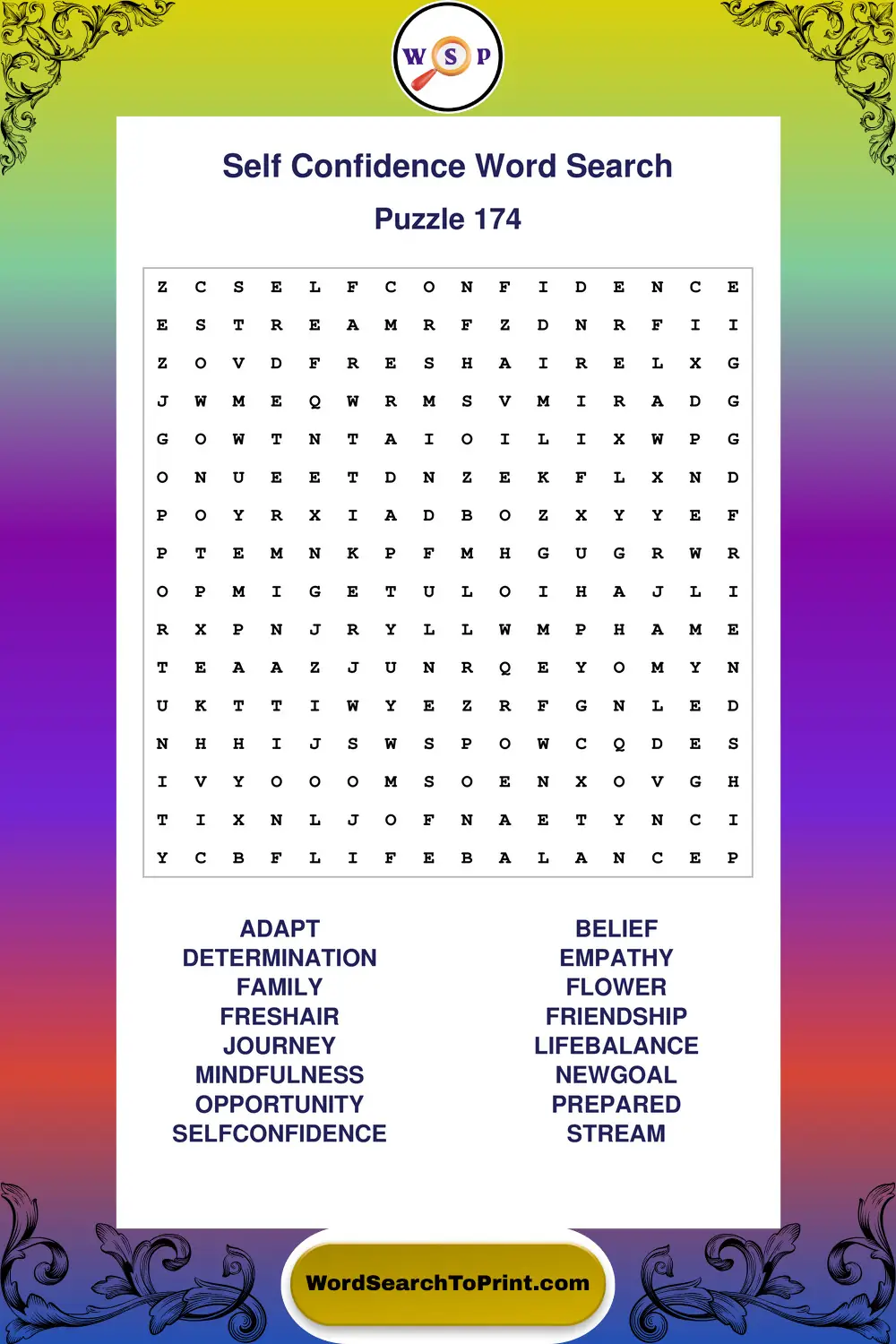 Self Confidence Word Search Puzzle 174