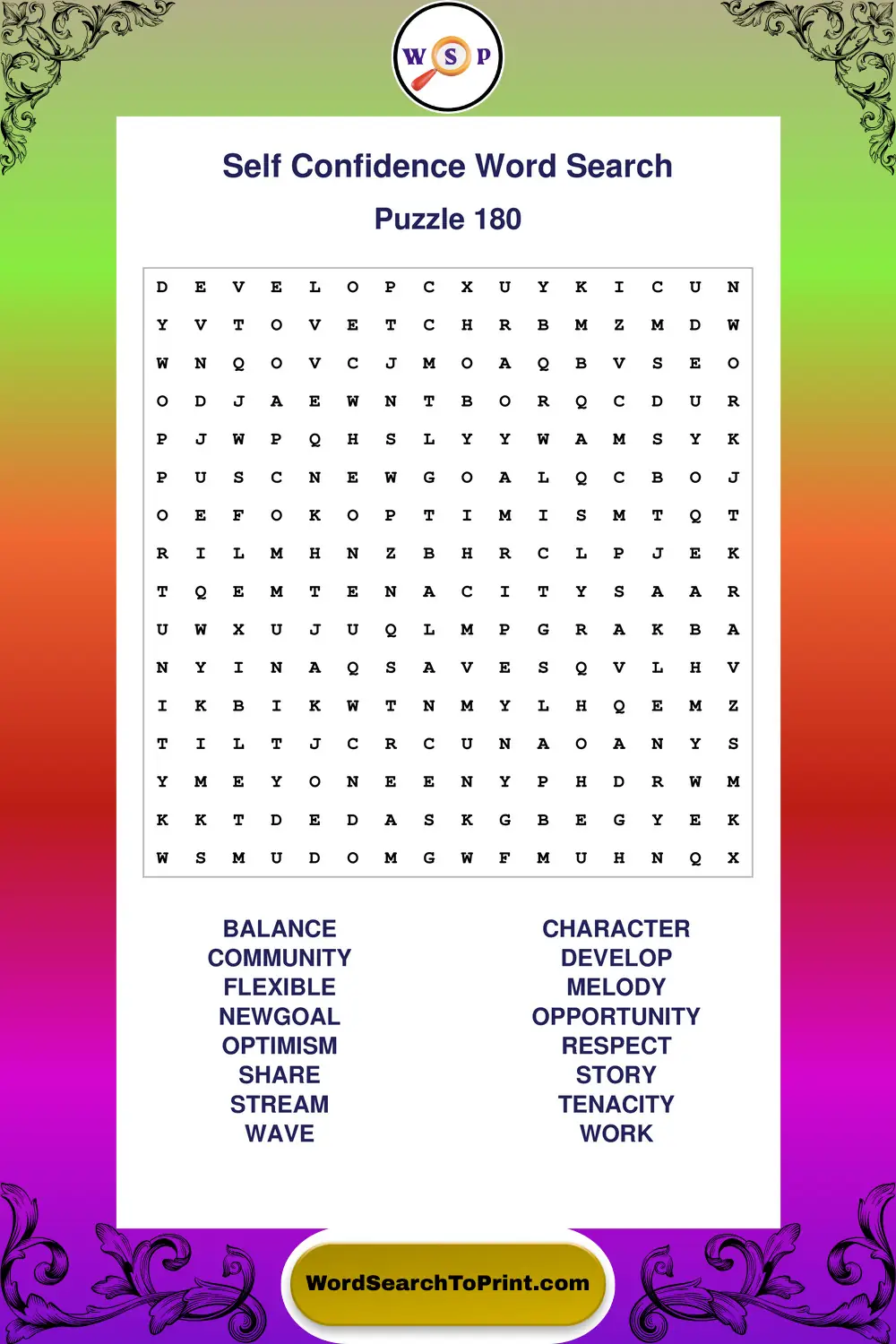 Self Confidence Word Search Puzzle 180