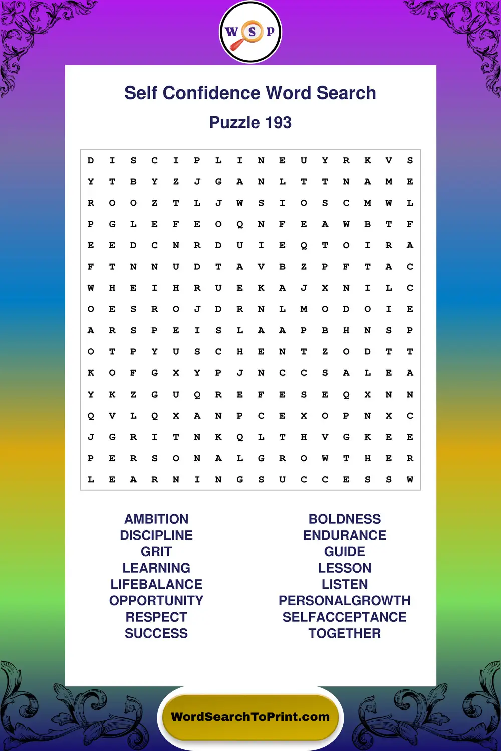 Self Confidence Word Search Puzzle 193
