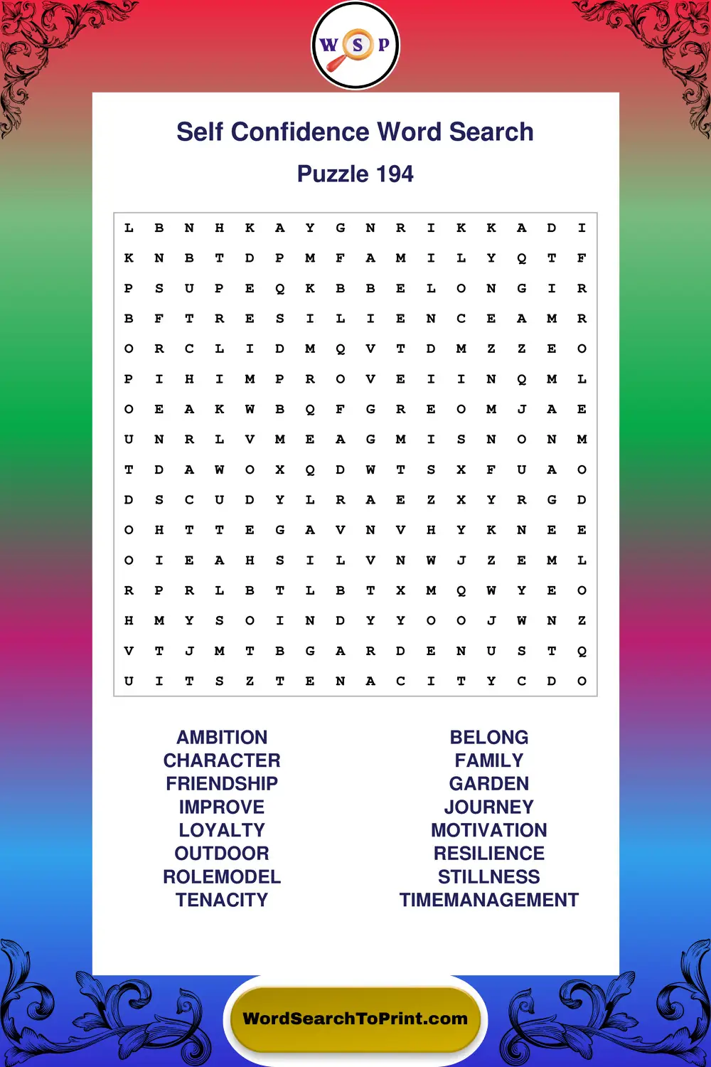 Self Confidence Word Search Puzzle 194