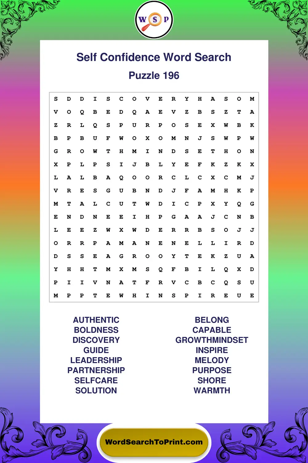 Self Confidence Word Search Puzzle 196