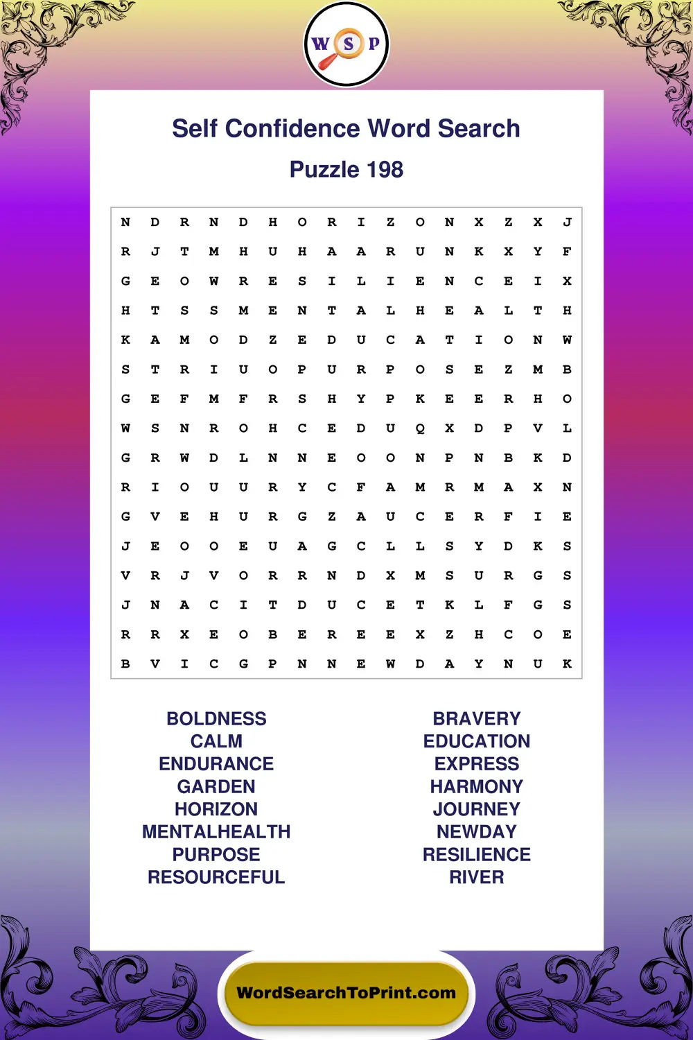 Self Confidence Word Search Puzzle 198