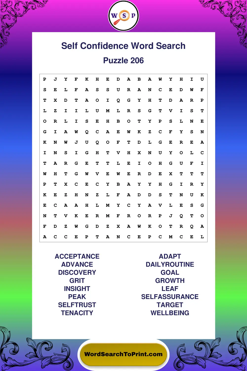 Self Confidence Word Search Puzzle 206