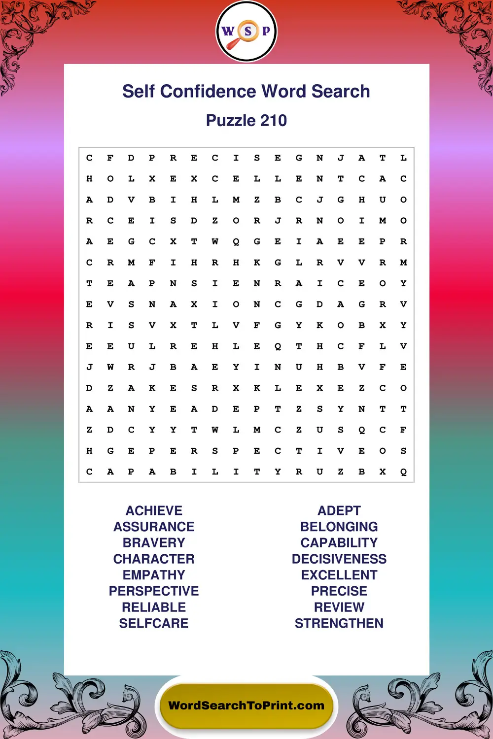 Self Confidence Word Search Puzzle 210