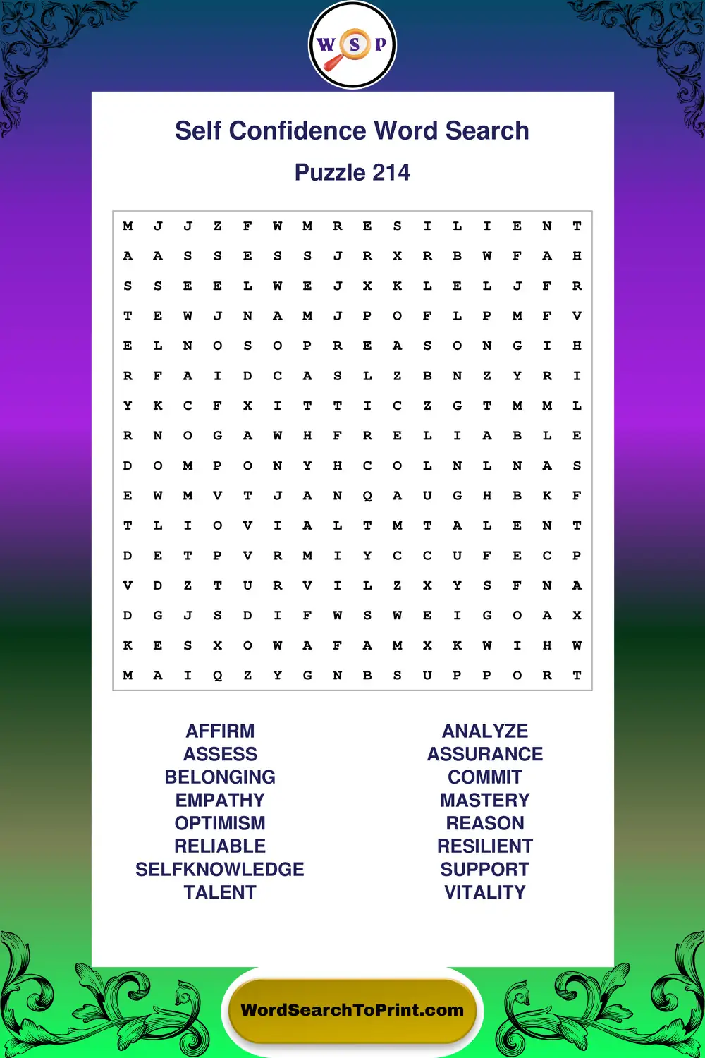 Self Confidence Word Search Puzzle 214