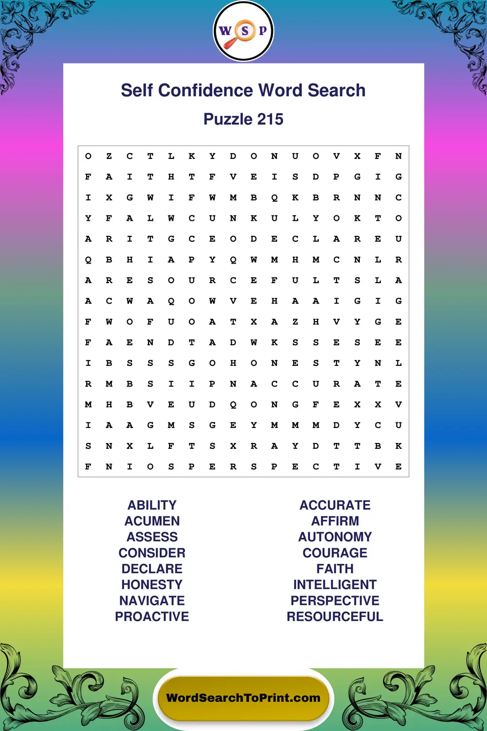 Self Confidence Word Search Puzzle 215