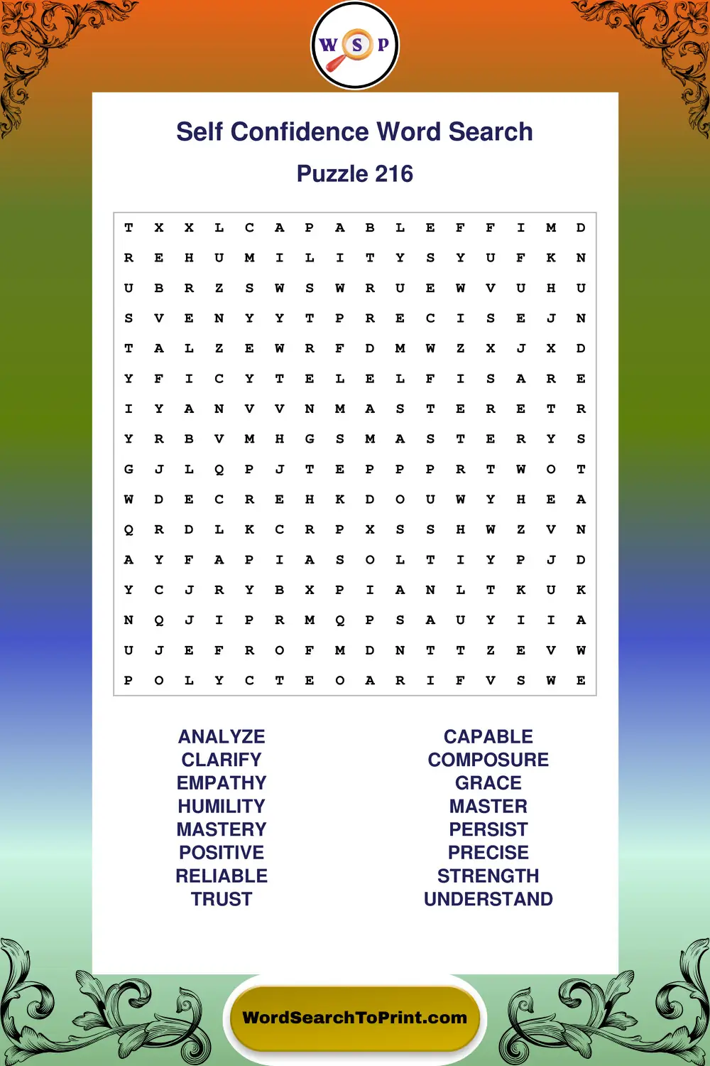 Self Confidence Word Search Puzzle 216