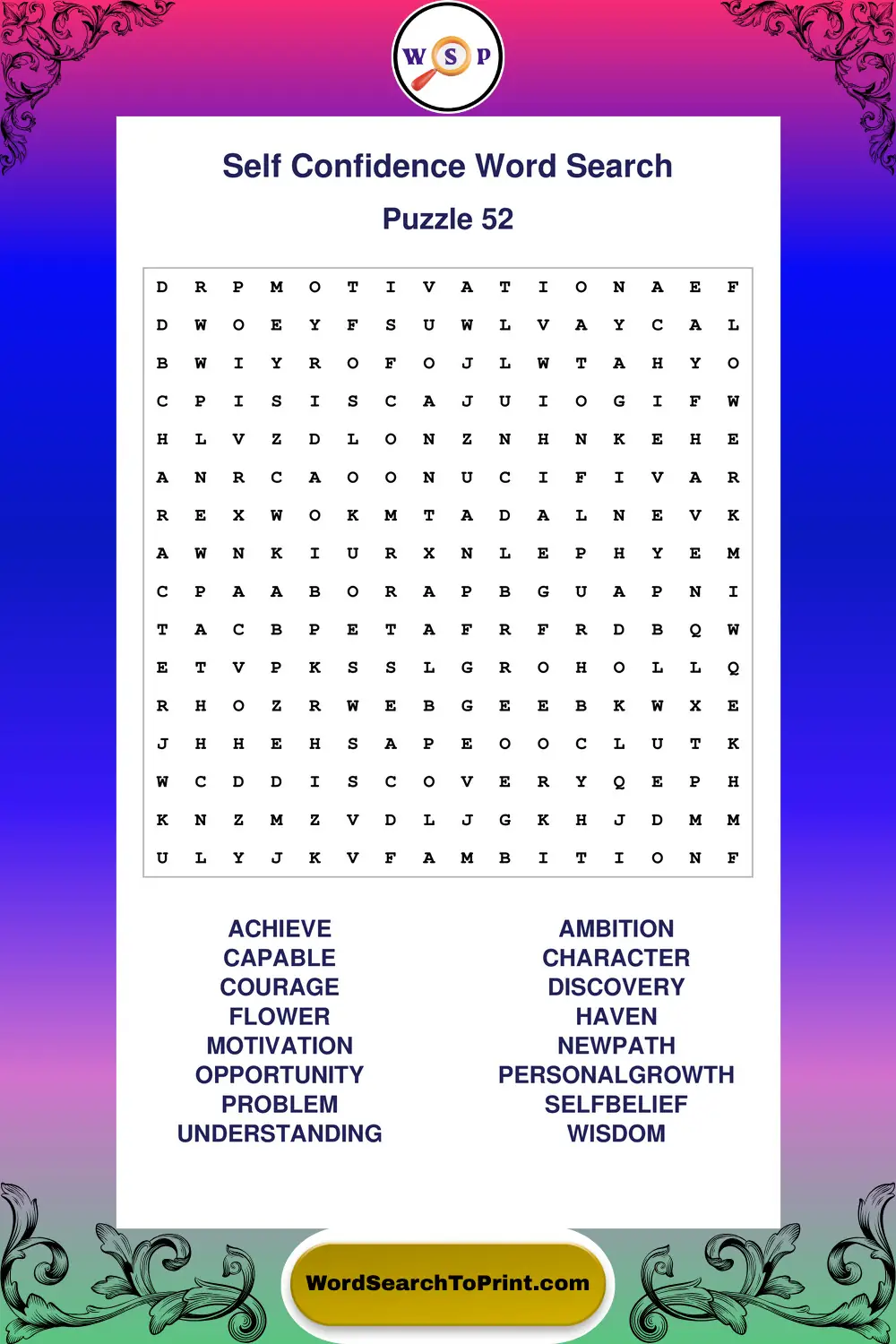 Self Confidence Word Search Puzzle 52