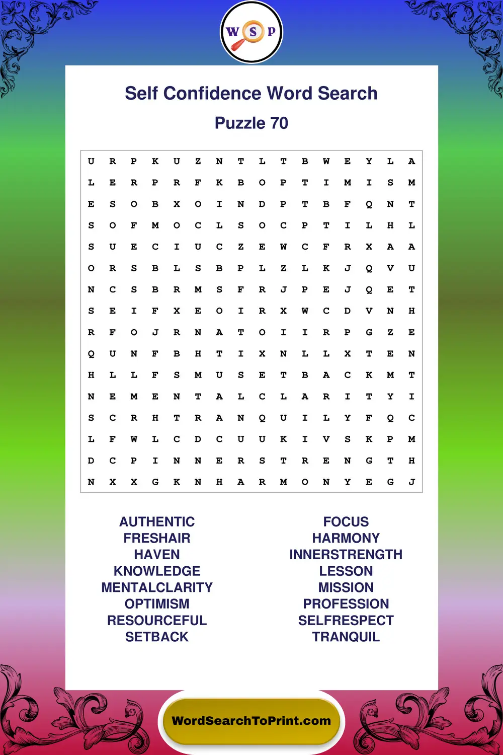 Self Confidence Word Search Puzzle 70