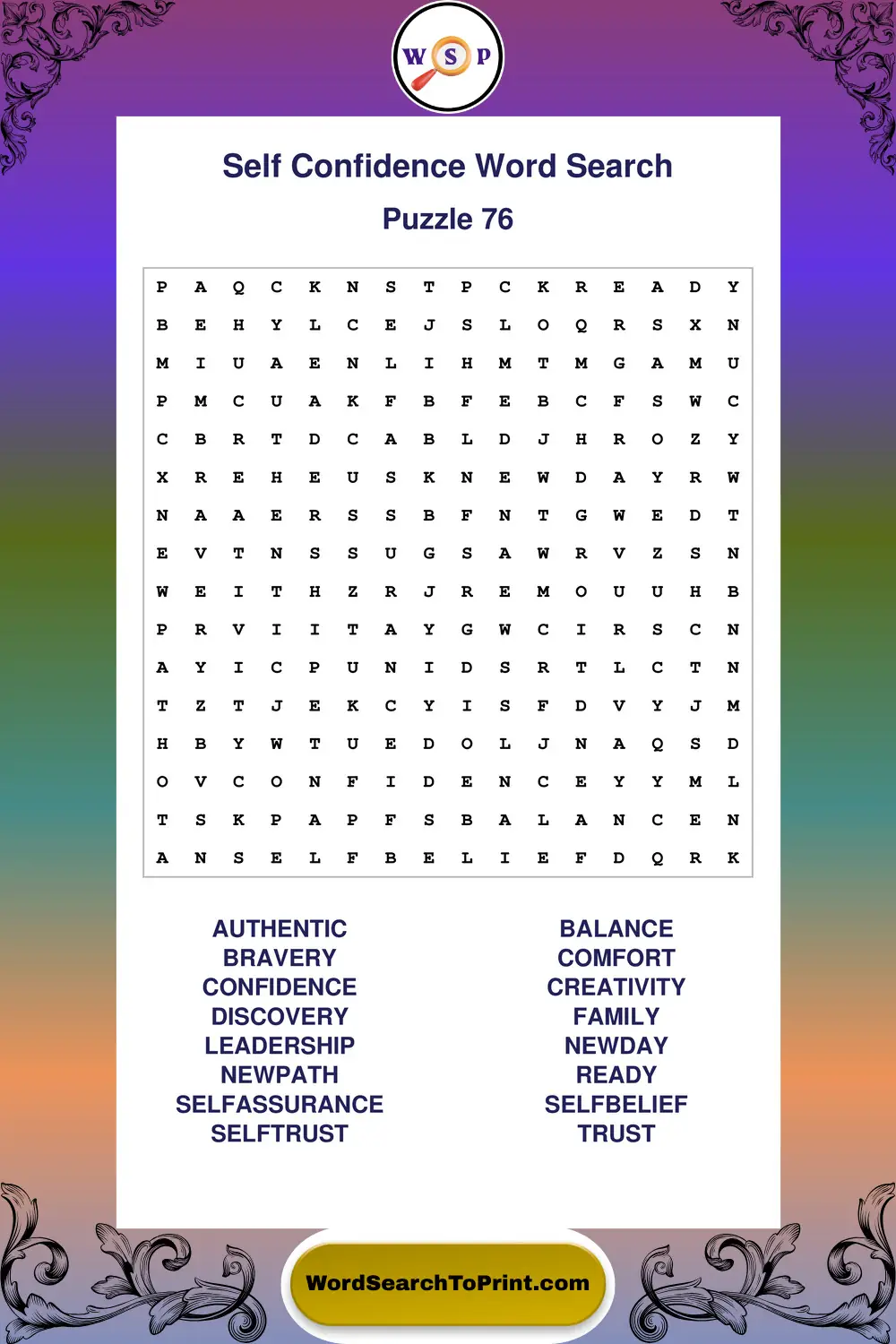 Self Confidence Word Search Puzzle 76