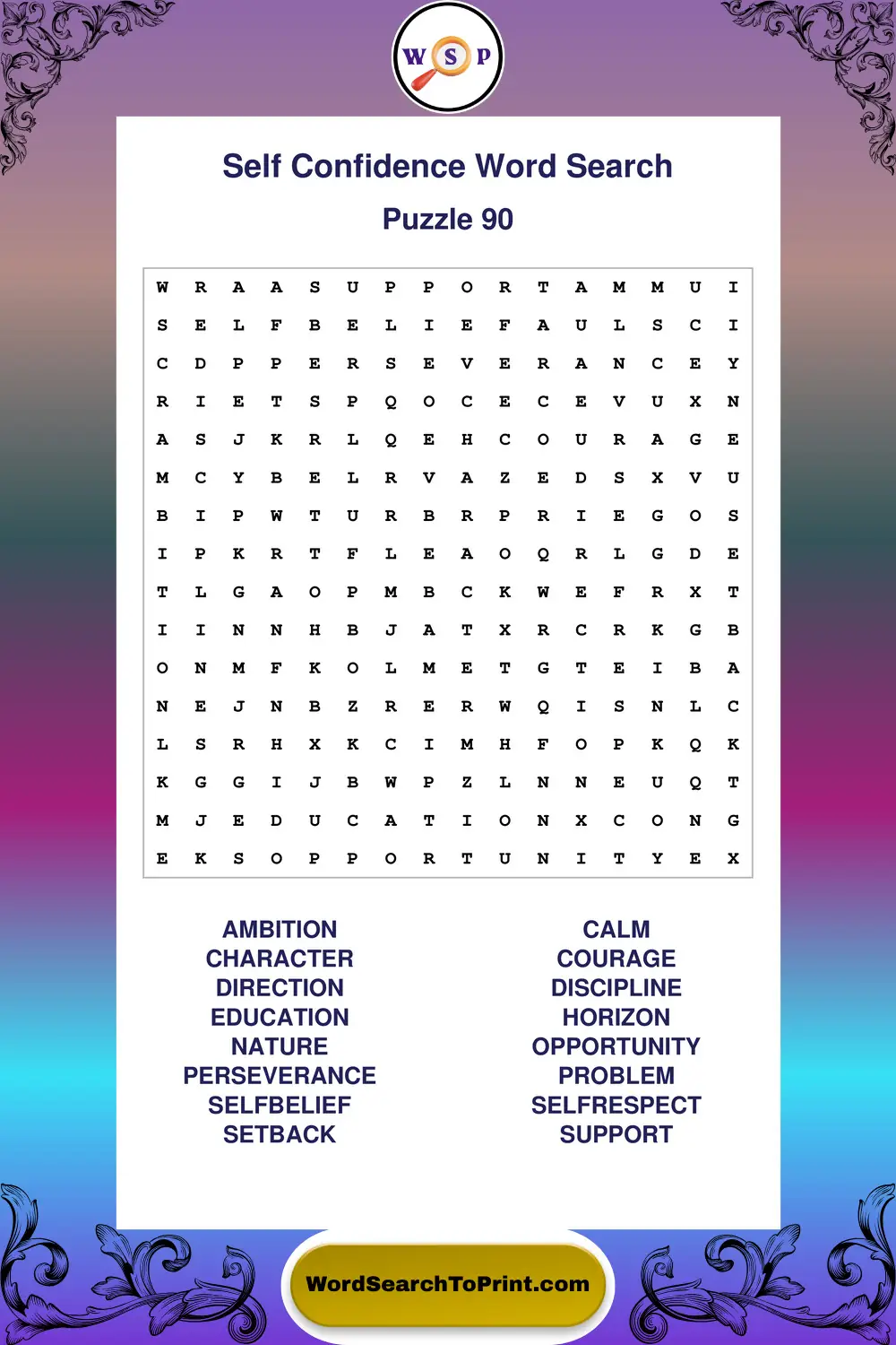 Self Confidence Word Search Puzzle 90
