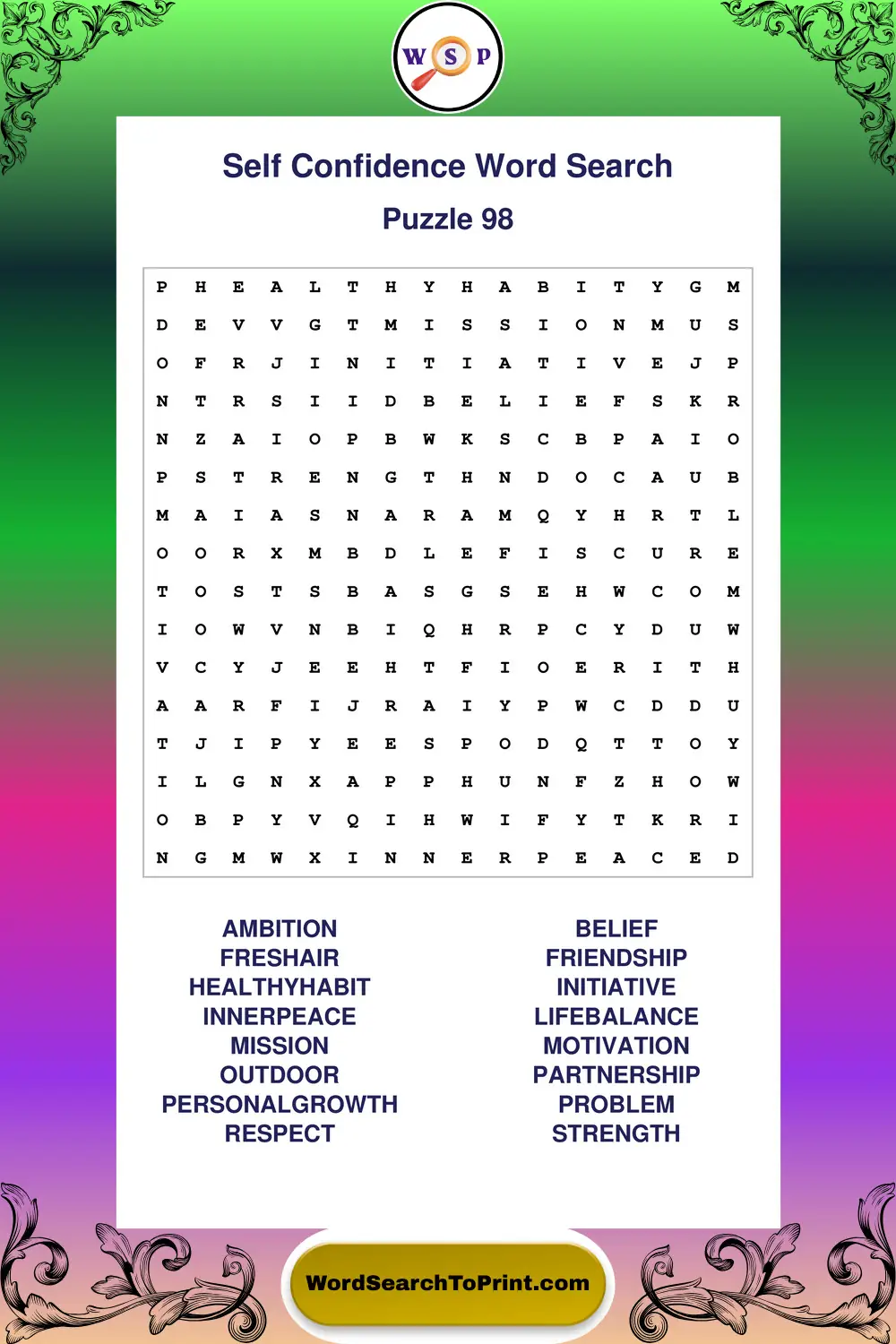 Self Confidence Word Search Puzzle 98