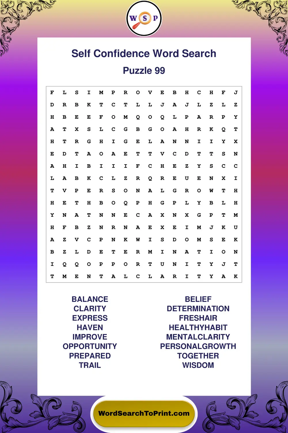 Self Confidence Word Search Puzzle 99