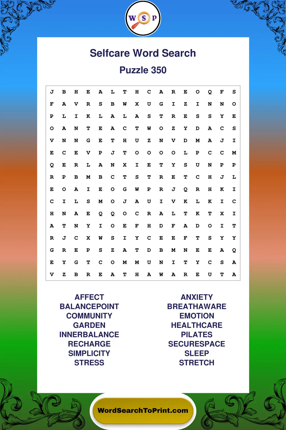 Selfcare Word Search Puzzle 350
