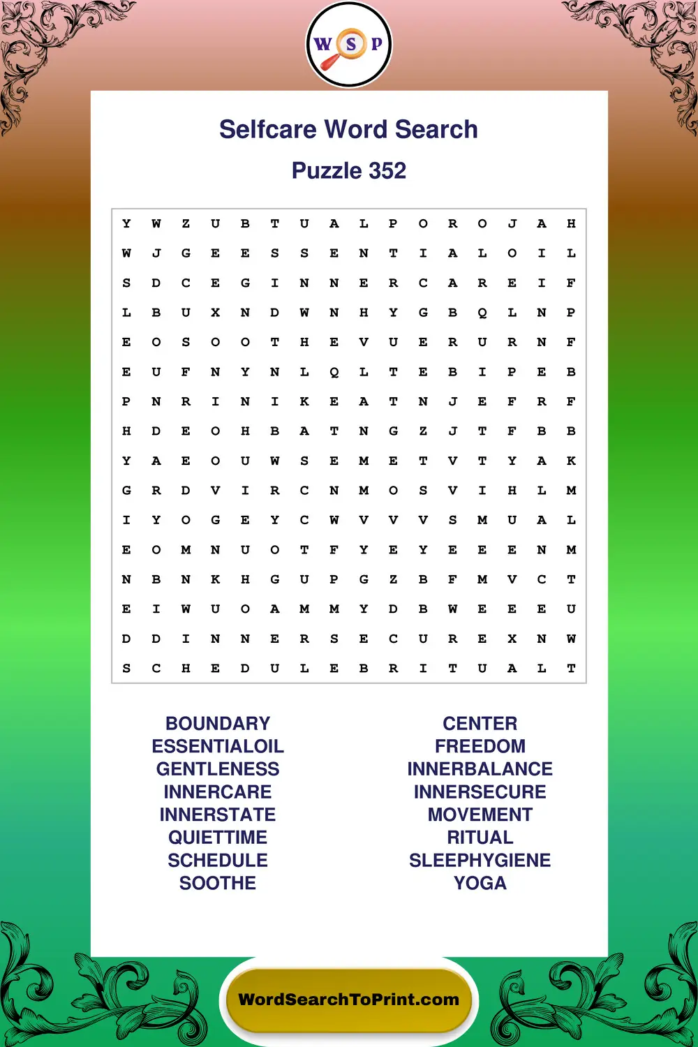Selfcare Word Search Puzzle 352