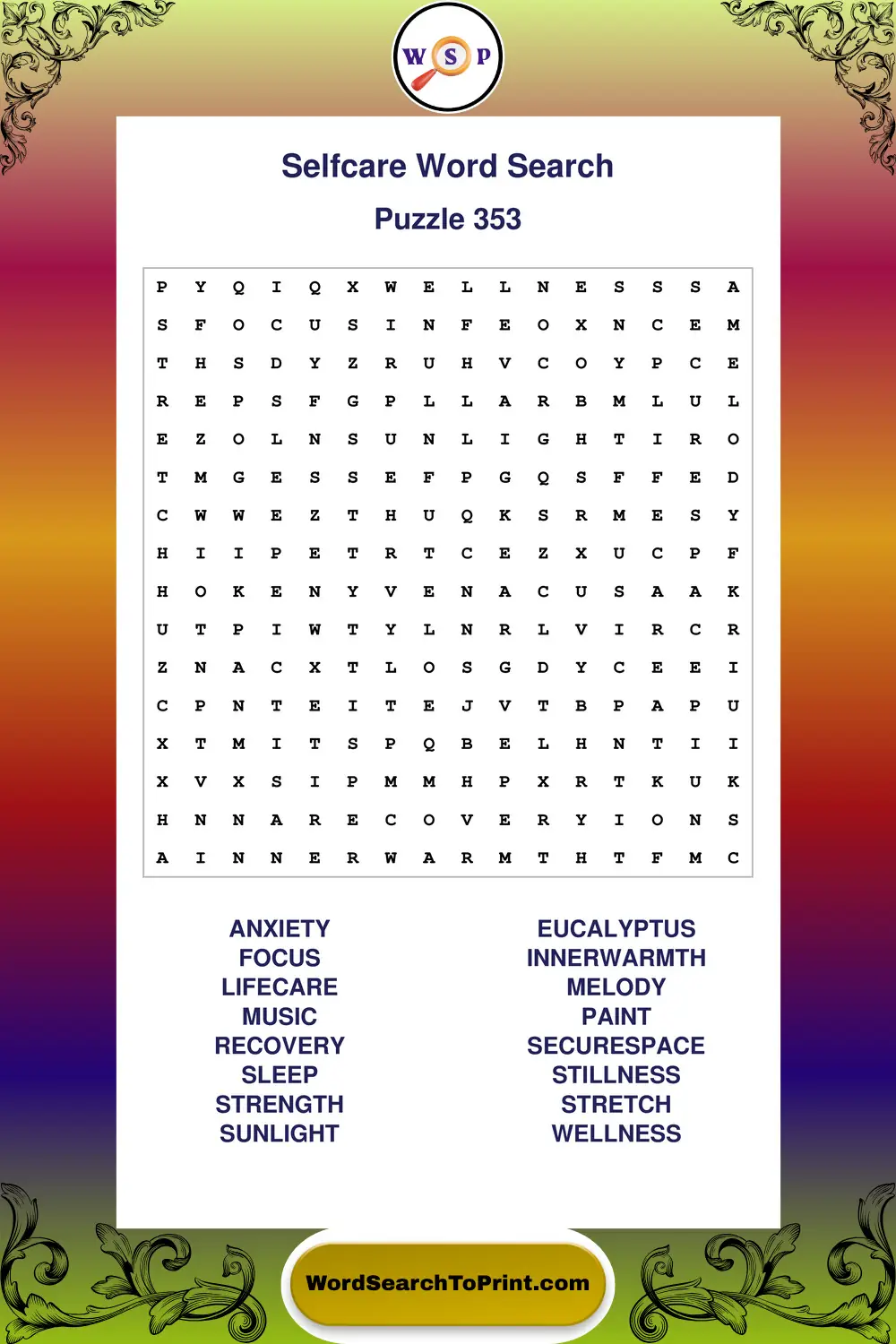 Selfcare Word Search Puzzle 353