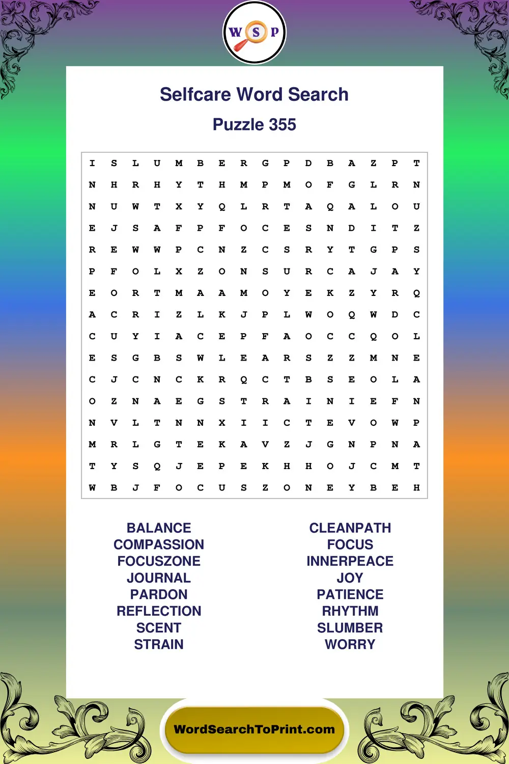 Selfcare Word Search Puzzle 355