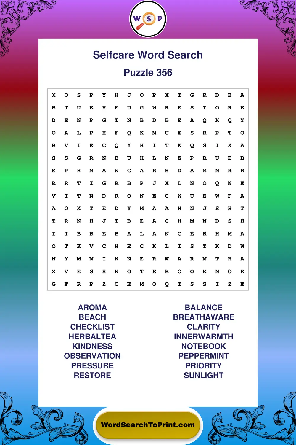Selfcare Word Search Puzzle 356