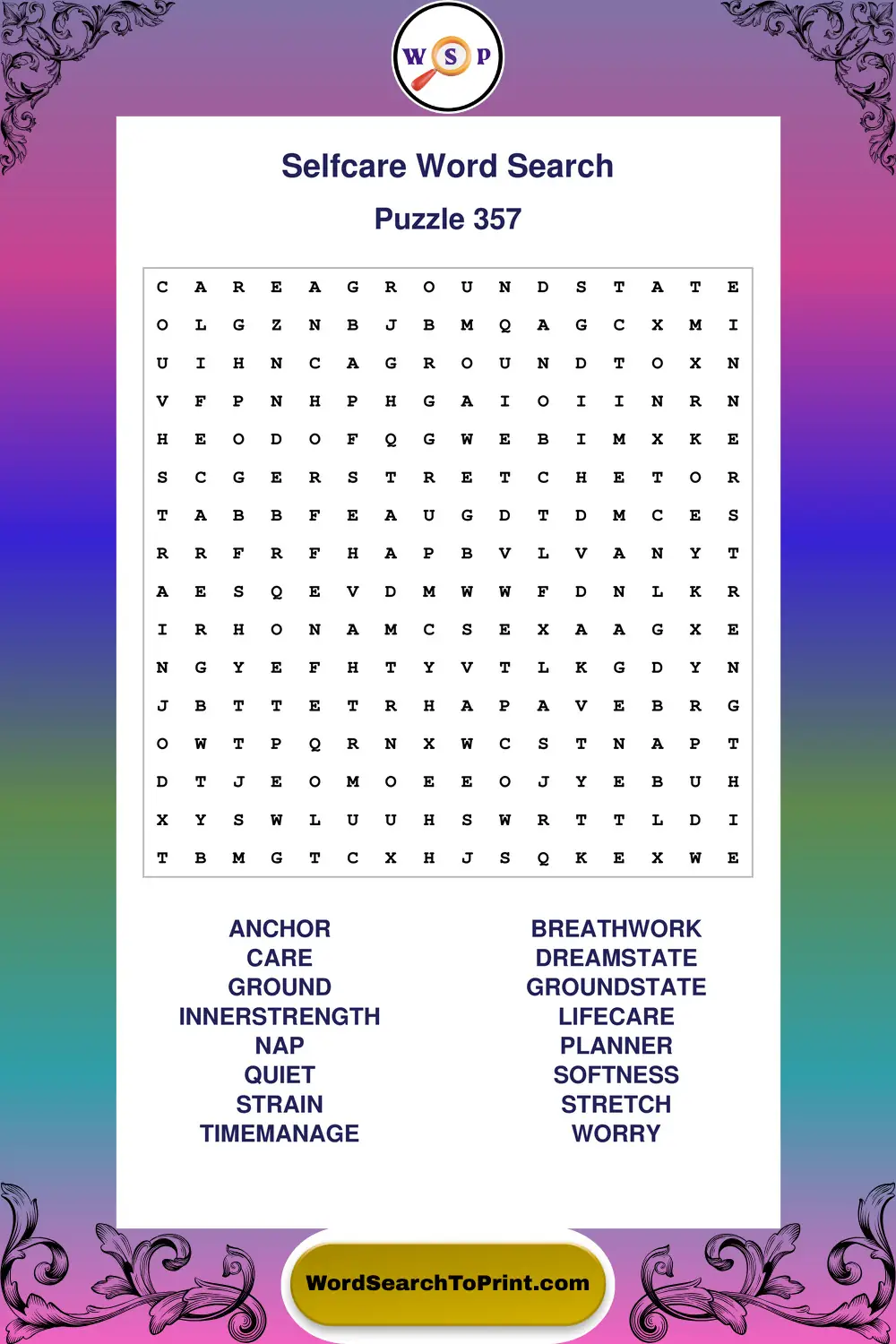 Selfcare Word Search Puzzle 357