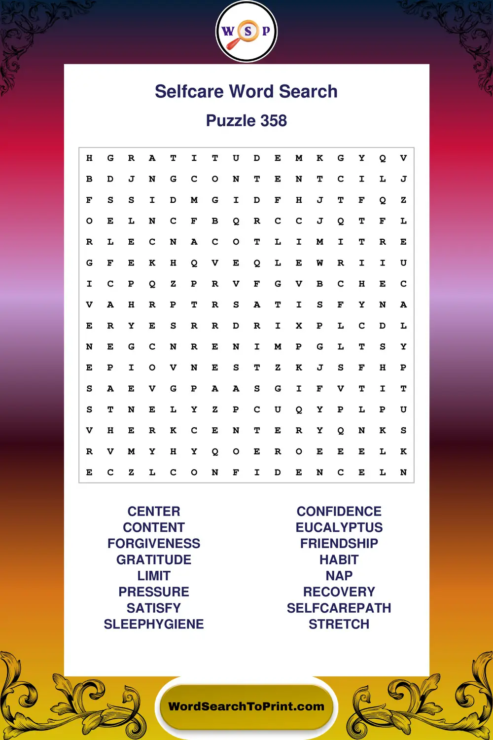 Selfcare Word Search Puzzle 358
