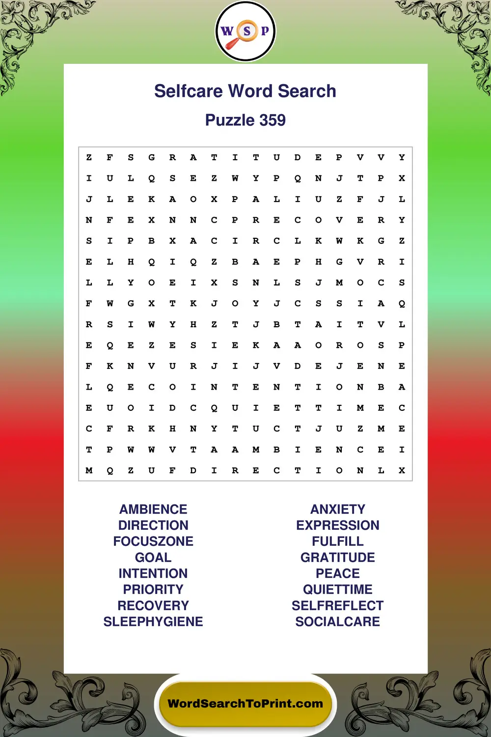 Selfcare Word Search Puzzle 359