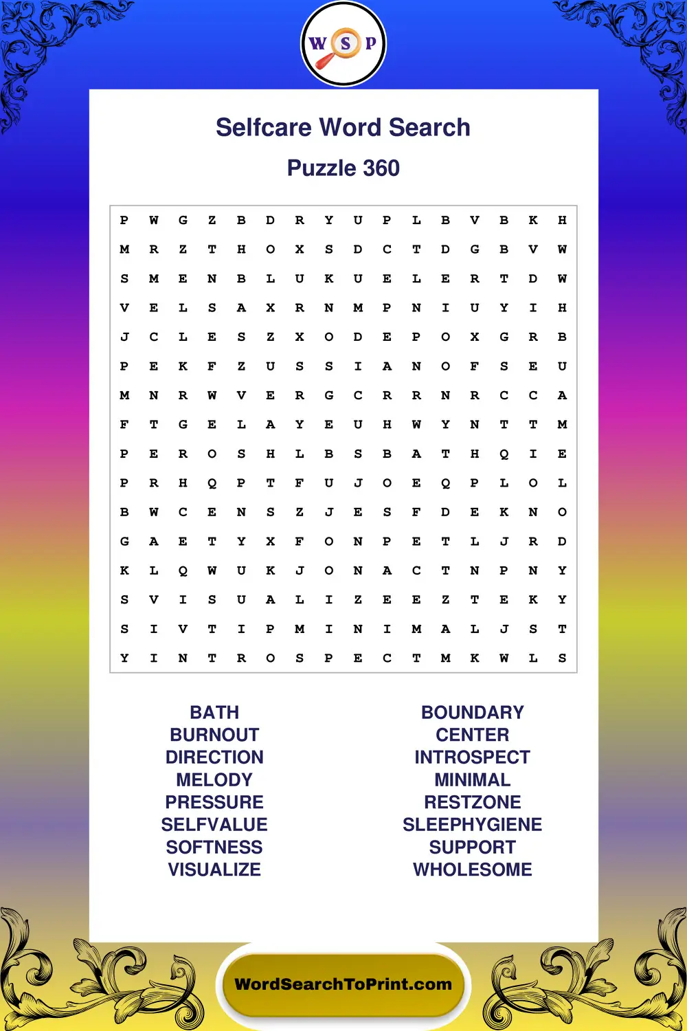 Selfcare Word Search Puzzle 360