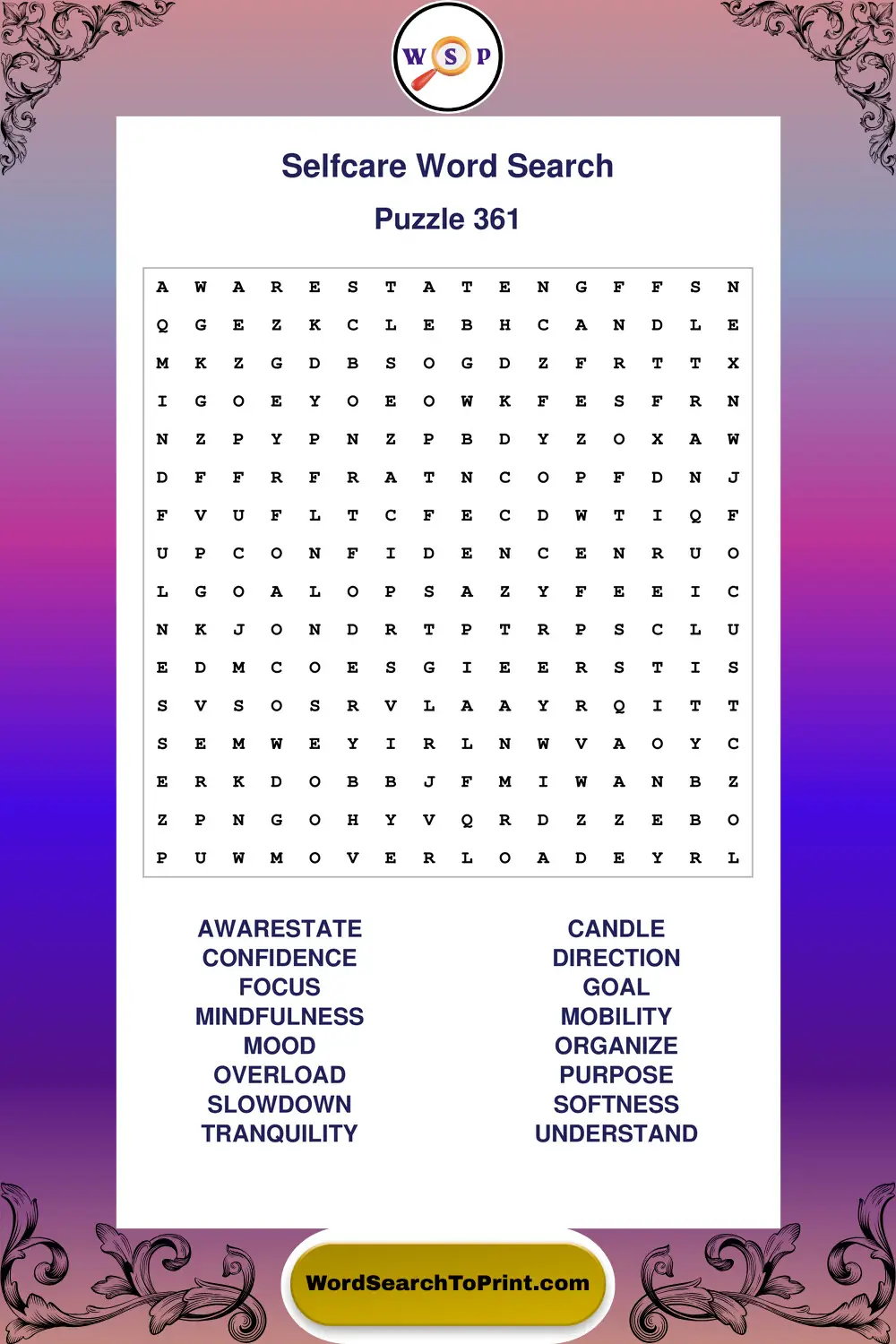Selfcare Word Search Puzzle 361