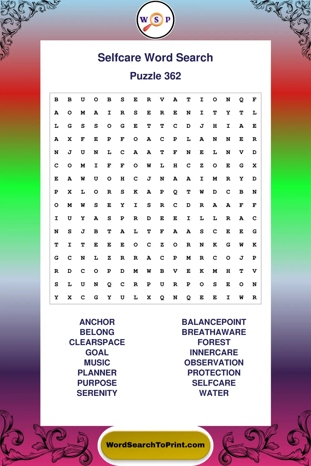 Selfcare Word Search Puzzle 362