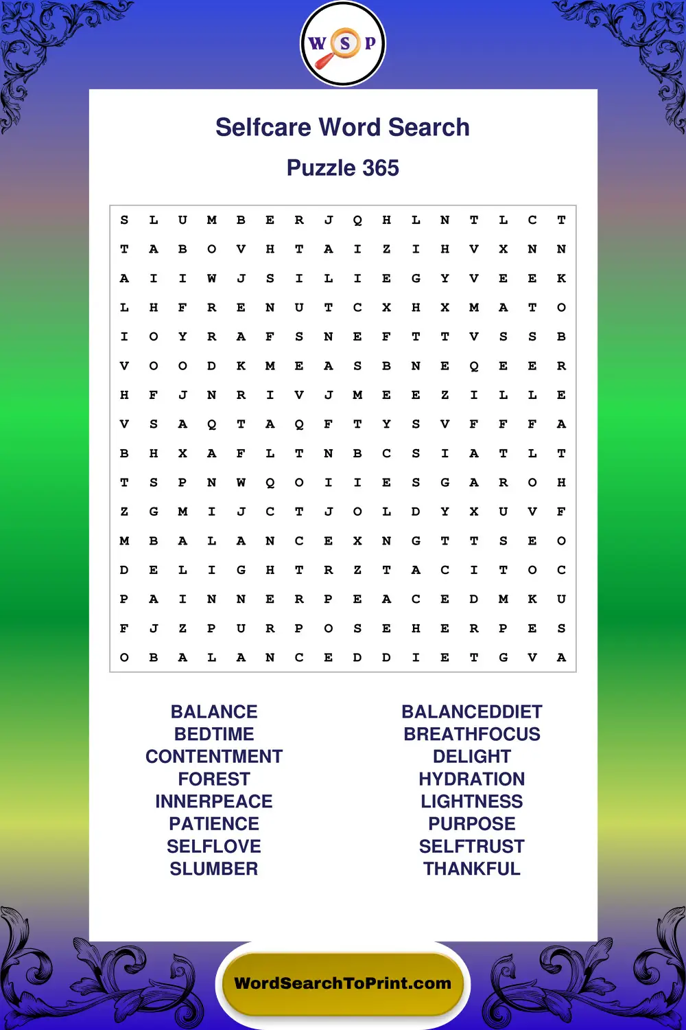 Selfcare Word Search Puzzle 365